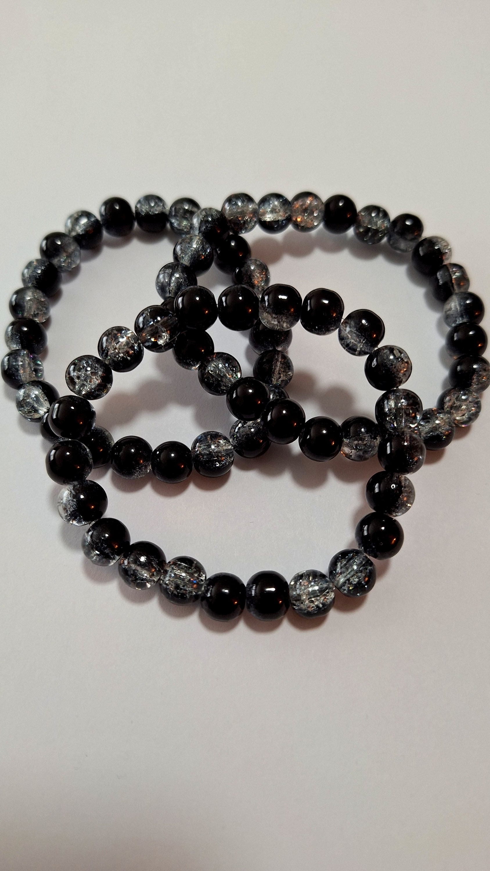 Set of 3 Black and White Crackle Glass Stretch Bracelets, beaded bracelets, stacking bracelets