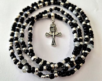 Black and Silver Waist Beads with 'Ankh' Charm, stretch, belly beads, belly chain, waist chain, body jewelry