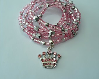 Pink and Silver Waist Beads with 'Crown' Charm, crystals and glass, stretch, weight loss tracker, waist chains, belly beads