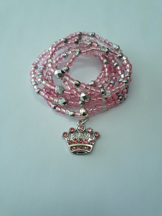 Pink and Silver Waist Beads with 'Crown' Charm, crystals and glass, stretch, weight loss tracker, waist chains, belly beads