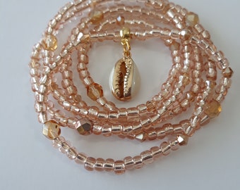 Champagne Waist Beads with 'Cowrie Shell' Charm, stretch, weight loss tracker, crystals, African, belly beads, under 20, unique gift