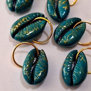Set of 6 Teal and Gold Painted Cowrie Shell Loc Rings, loc jewelry, braid jewelry, braid rings, hair accessories, hair jewelry