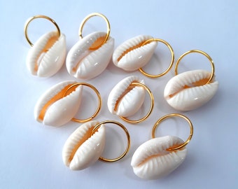 Set of 8 Natural Cowrie Shell Braid Rings, loc rings, brass rings, loc jewelry, hair accessories, hair rings, braid jewelry, dreadlock rings