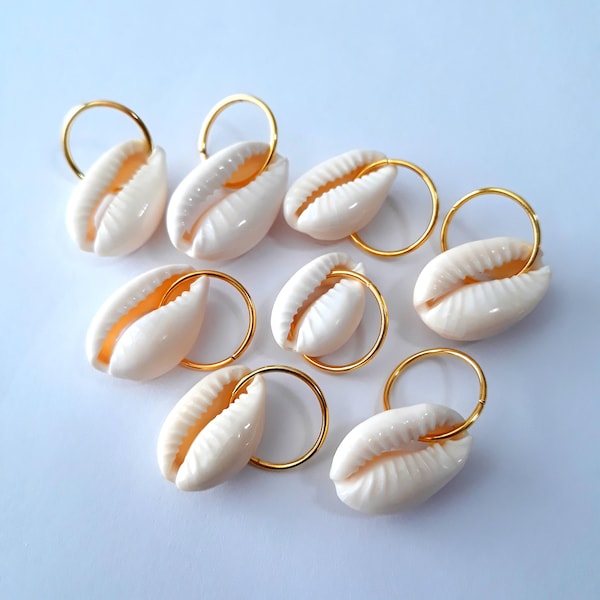 Set of 8 Natural Cowrie Shell Braid Rings, loc rings, brass rings, loc jewelry, hair accessories, hair rings, braid jewelry, dreadlock rings