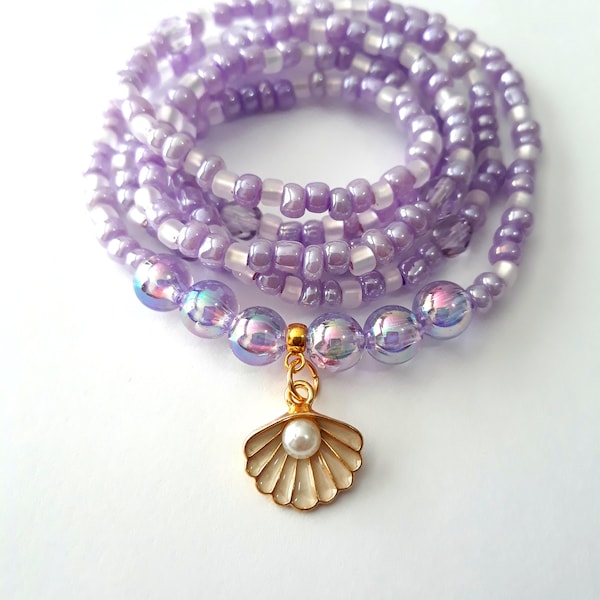 Lavender and Cream Waist Beads with Pearl in Clam Shell Charm, stretch, weight loss tracker, belly beads, waist trainer, unique gift