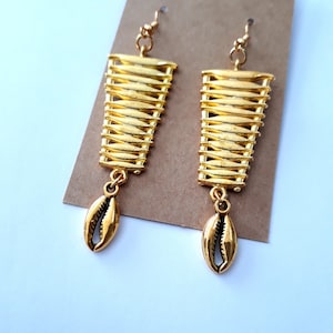 Ethnic Dangle Earrings, cowrie shell charm, afrocentric, 2 3/4 inches, nickel free, can be clips, African earrings, under 20, unique earring