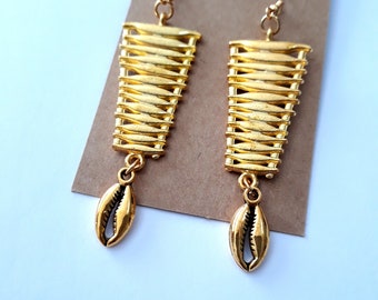 Ethnic Dangle Earrings, cowrie shell charm, afrocentric, 2 3/4 inches, nickel free, can be clips, African earrings, under 20, unique earring