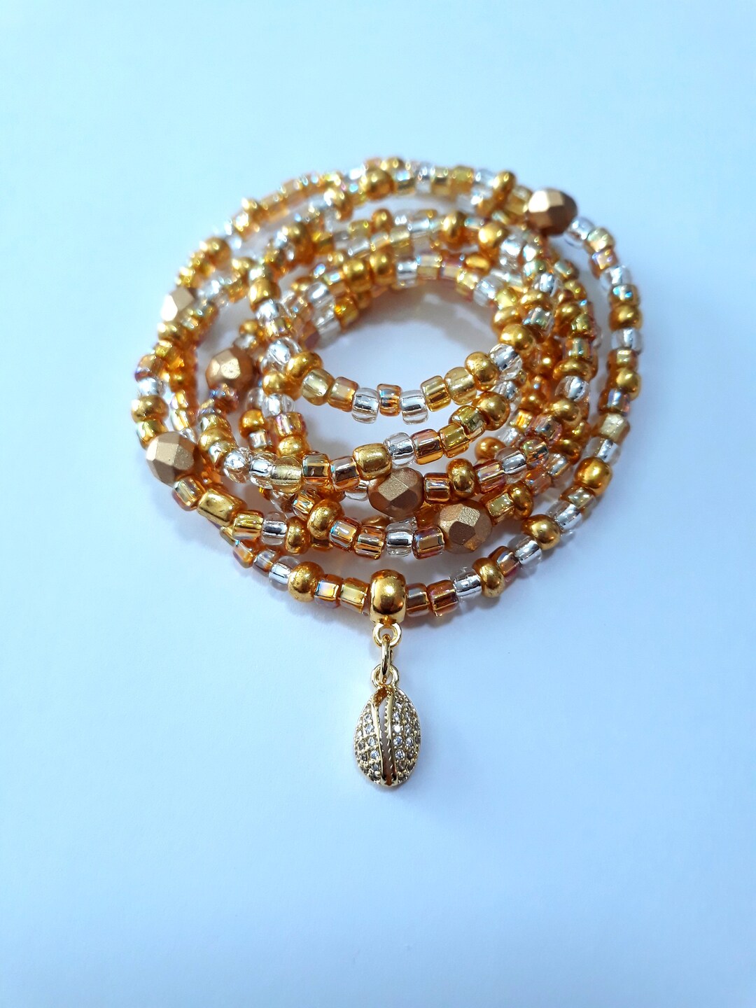 Gold and Clear Waist Beads With 24K Gold Cowrie Shell, Stretch