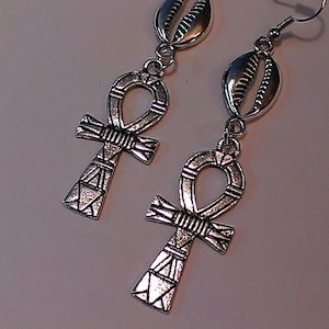 Silver Ankh and Cowrie Shell Earrings, dangle, Egyptian charms, long earrings, women's, afrocentric earrings, ethnic earrings, inexpensive