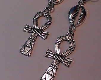 Silver Ankh and Cowrie Shell Earrings, dangle, Egyptian charms, long earrings, women's, afrocentric earrings, ethnic earrings, inexpensive