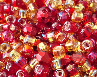 6/0 and 6mm Fire Bead Mix, 50 grams, glass beads, loc sprinkles, jewelry making beads, seed beads, Czech glass, craft supplies