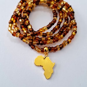 Bronze and Gold Waist Beads with Gold &quot;Africa&quot; Charm, stainless steel, stretch, weight loss tracker, waist chain, belly beads, body jewelry