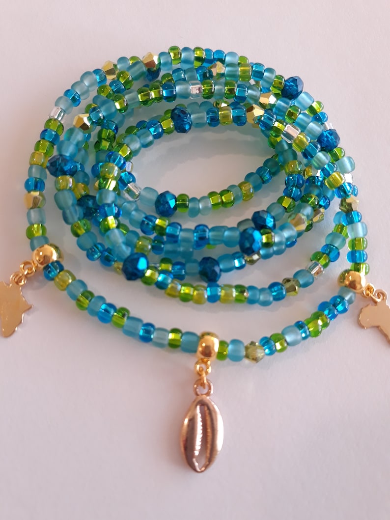 under 20 Blue and Green Waist Beads with Gold /'Africa and Cowrie Shell/' Charms unique weight loss tracker belly beads African stretch