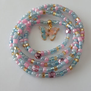 Pink Blue and Gold Waist Beads with Shell &quot;Butterfly&#39; Charm, stretch, weight loss tracker, belly beads, body jewelry, unique gift, under 20