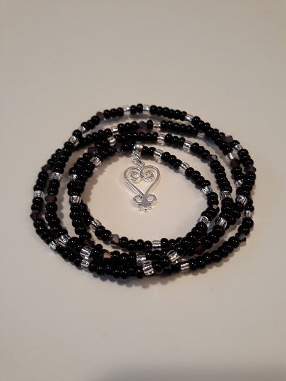 Black and Crystal Waistbeads with 'Sankofa' Charm, Adinkra symbol, African waistbeads, stretch, weight loss tracker, wrap bracelet, under 10