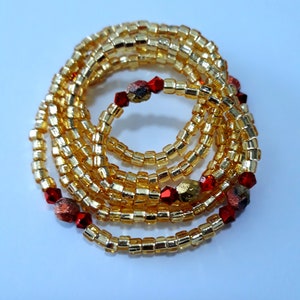 Gold Waist Beads, stretch, Czech glass beads, weight loss tracker, plus available, belly beads, waist chain, body jewelry, body beads