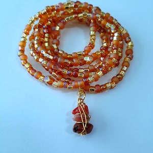 Gold and Orange Waist Beads with Carnelian Gemstone drop, stretch, weight loss tracker, belly beads, waist chain
