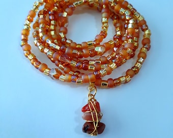 Gold and Orange Waist Beads with Carnelian Gemstone drop, stretch, weight loss tracker, belly beads, waist chain