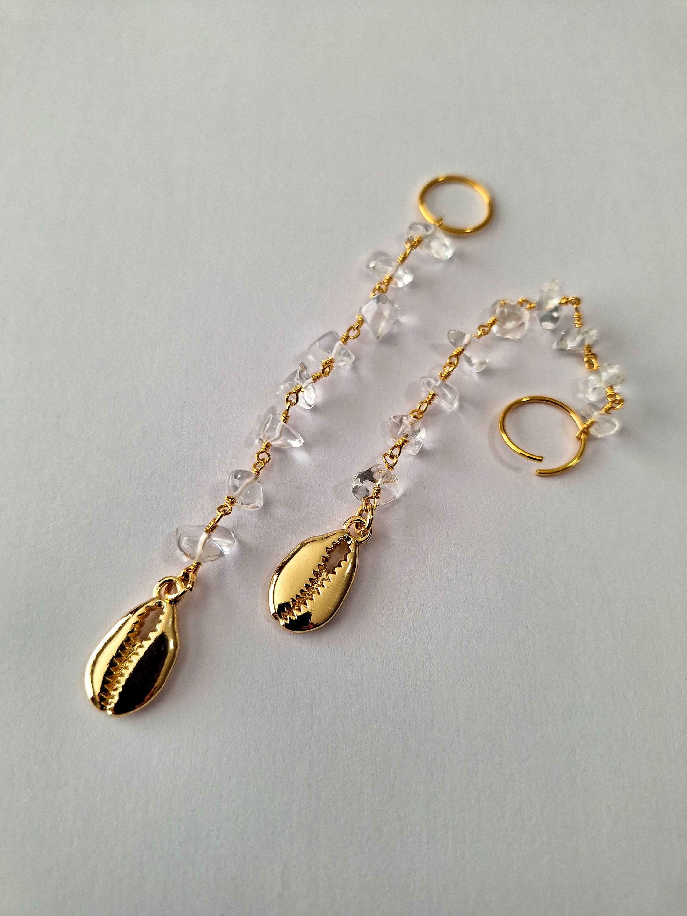 Clear Quartz Crystal Gemstone Loc Extension Ring, loc jewelry, braid jewelry, hair accessories, gold cowrie shell charm, dreadlock ring