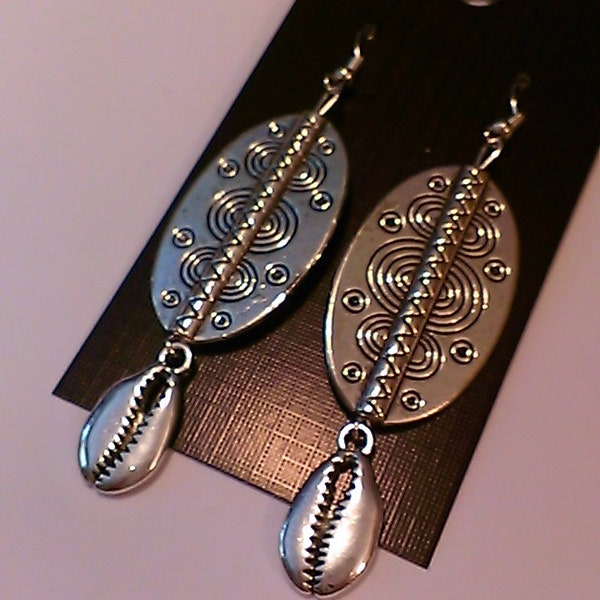 Large Ethnic Earrings with Silver 'Cowrie Shell' Charms, silver earrings, women, long, afrocentric, African earrings, gift for her