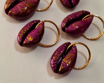 Set of 6 Plum and Gold Painted Cowrie Shell Loc Rings, loc jewelry, braid jewelry, braid rings, dreadlock jewelry, hair accessories