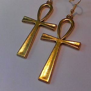 Large Gold &#39;Ankh&#39; Earrings, dangle earrings, women&#39;s, 2 3/4 inches, Egyptian charms, African, ethnic earrings, gift for her, can be clips