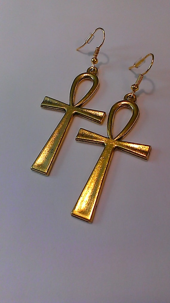 Large Gold 'Ankh' Earrings, dangle earrings, women's, 2 3/4 inches, Egyptian charms, African, ethnic earrings, gift for her, can be clips