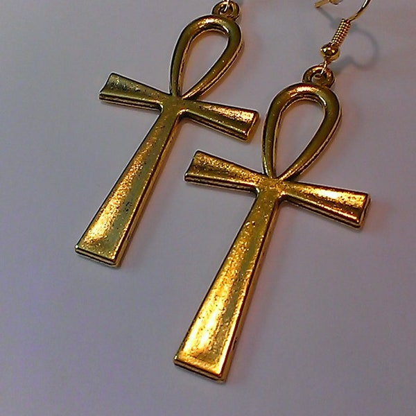 Large Gold 'Ankh' Earrings, dangle earrings, women's, 2 3/4 inches, Egyptian charms, African, ethnic earrings, gift for her, can be clips