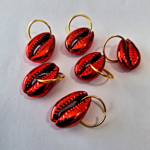 Set of 6 Metallic Red Painted Cowrie Shell Loc Rings, braid rings, loc jewelry, hair accessories, dreadlock jewelry, braid jewelry