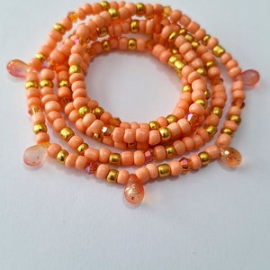 Apricot and Gold Waist Beads with Glass Teardrops, stretch, waist chain, belly beads, body jewelry, body beads, plus available, belly chain