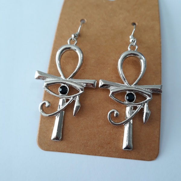 Silver Ankh and Eye of Horus Earrings, unique earrings, 2 1/2 inches, statement earrings, Egyptian earrings, ethnic jewelry, nickel free