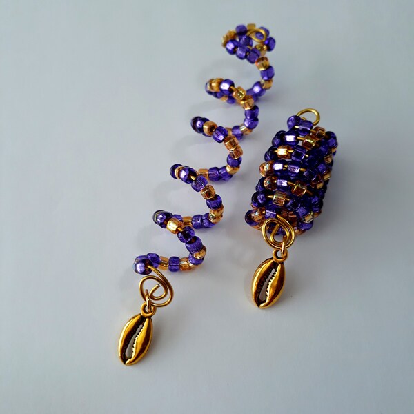 Purple and Gold Beaded Loc Coil with Cowrie Shell Charm, loc jewelry, braid coil, braid jewelry, dreadlock coil, dreadlock jewelry