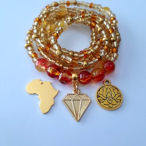 Gold and Orange Waist Beads, choice of charm, stretch, weight loss tracker, plus available, belly beads, waist chain, belly chain