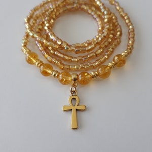 Citrine Gemstone Waist Beads With Gold 'Ankh'Charm, stretch, weight loss tracker, plus available, under 20, belly beads, gold, unique gift