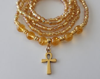 Citrine Gemstone Waist Beads With Gold 'Ankh'Charm, stretch, weight loss tracker, plus available, under 20, belly beads, gold, unique gift