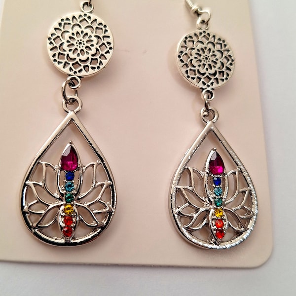 Chakra Earrings, dangle earrings, chakra colors and lotus, 2 1/2 inches, nickel free, can be made clips, unique earrings, meditation jewelry