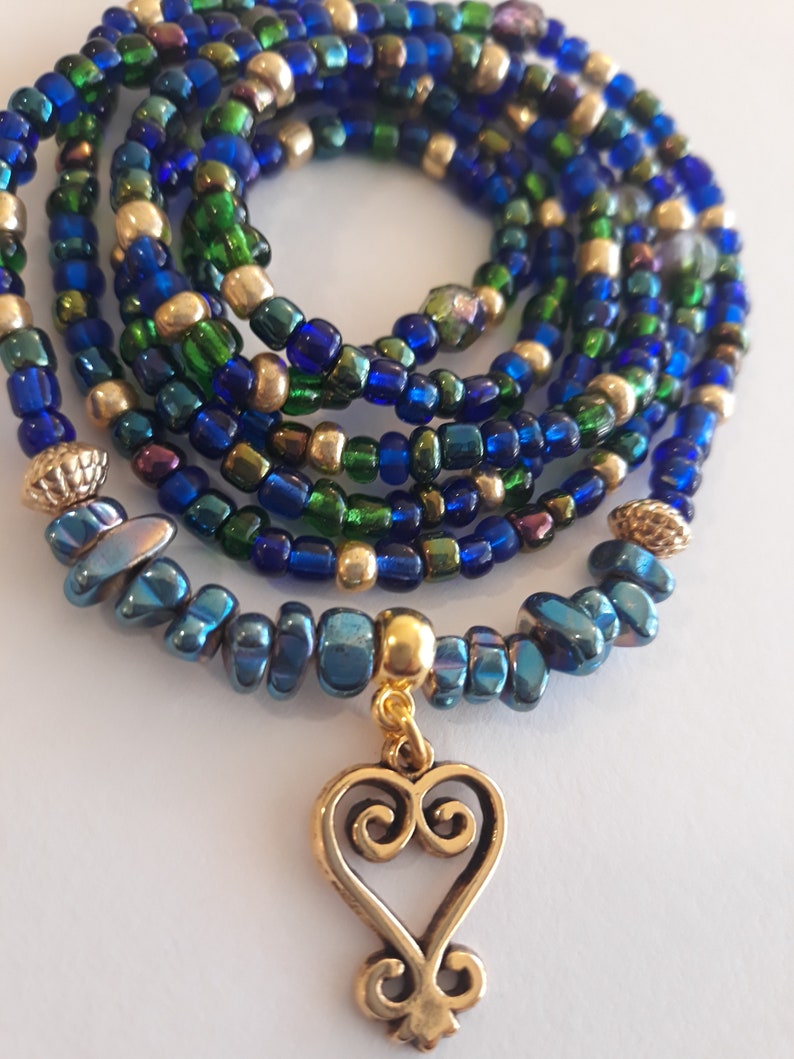 Adinkra symbol African Waist Beads with Gold /'Sankofa/' Charm unique gift weight loss tracker blue green and gold under 20 stretch