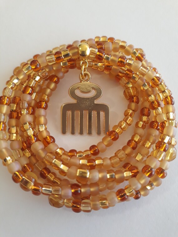 Adinkra symbol African Waist Beads with Gold /'Sankofa/' Charm unique gift weight loss tracker blue green and gold under 20 stretch