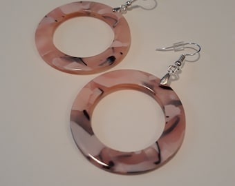 Pink and Black Circular Acetate Earrings, lucite earrings, acrylic, resin, 2 1/2 inches, under 10, inexpensive gift, nickel free, unique