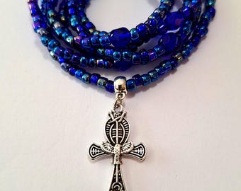 Electroplated Cobalt Blue Waist Beads with Ankh Charm, stretch, weight loss tracker, waist chain, body jewelry, belly beads, unique gift