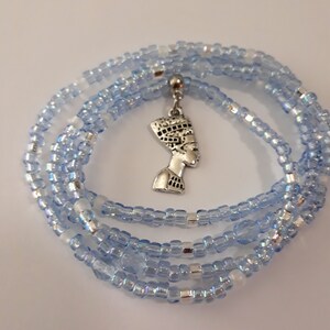 Pale Blue Waist Beads with Silver &#39;Queen&#39; Charm, stretch, weight loss tracker, waist chain, belly beads, belly chain, plus available