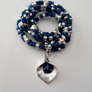 Cobalt Blue and Silver Waist Beads with &#39;Lily&#39; Charm, stretch, belly beads, weight loss tracker, body jewelry, waist jewelry, plus available