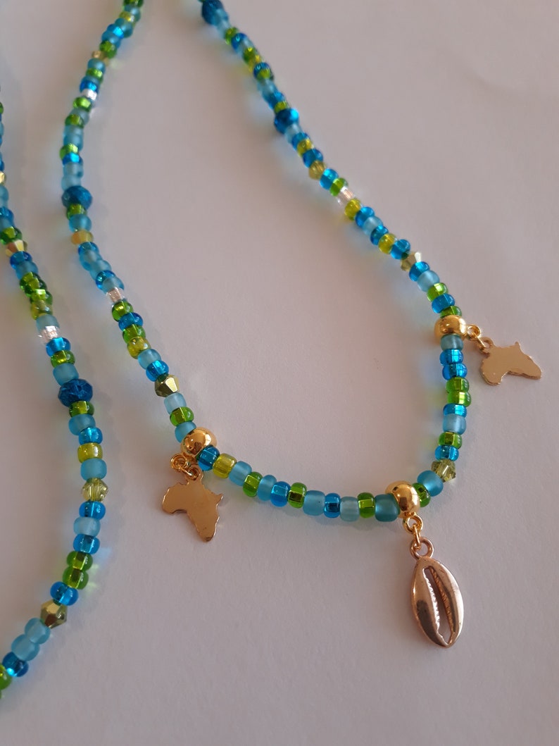 under 20 Blue and Green Waist Beads with Gold /'Africa and Cowrie Shell/' Charms unique weight loss tracker belly beads African stretch
