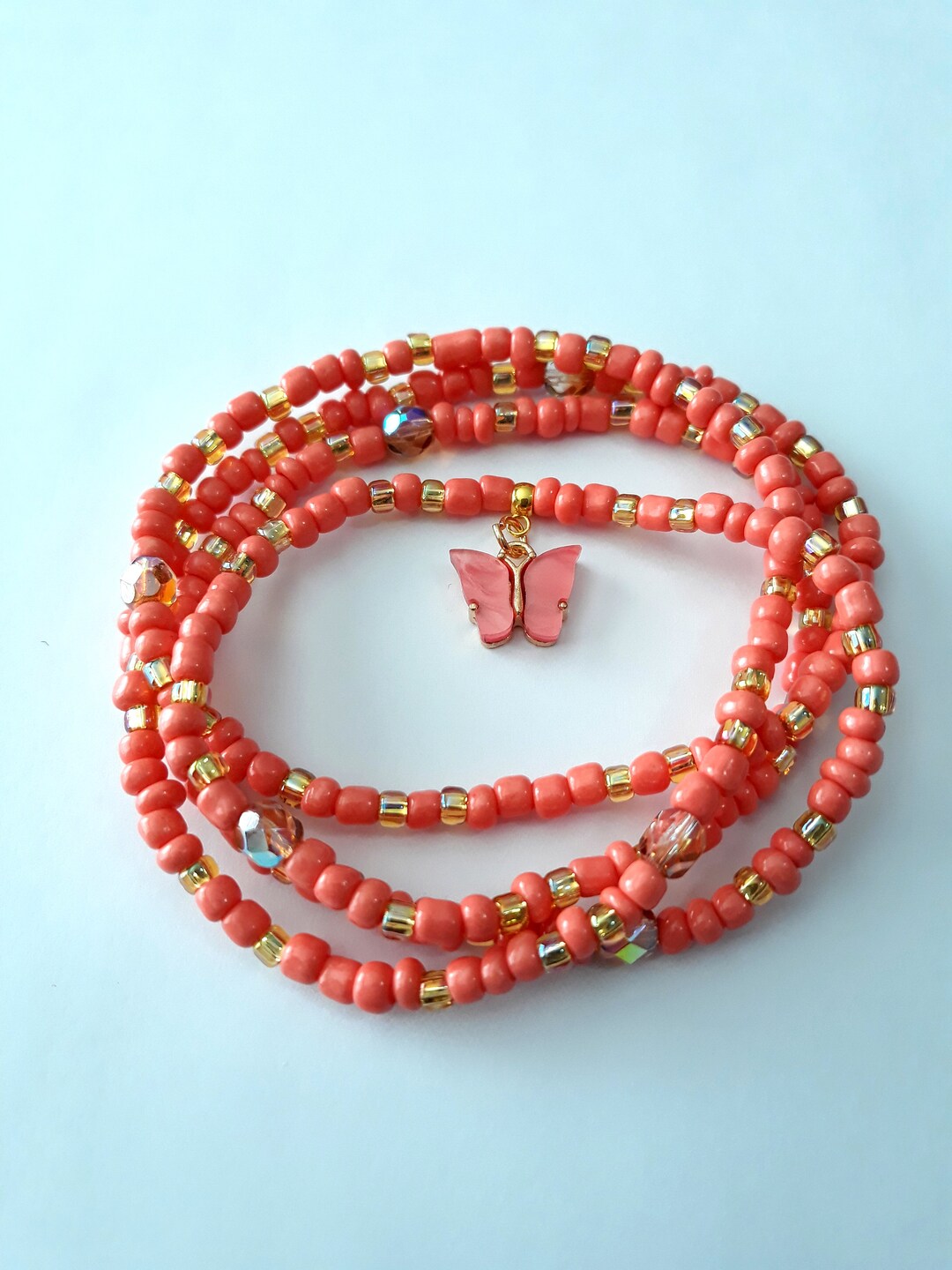 Coral Waist Beads With Shell 'butterfly' Charm, Stretch, Weight Loss Tracker, Plus Available
