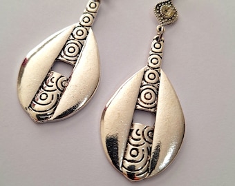 Silver Ethnic Dangle Earrings, 2 1/2 inches long, pewter, stainless steel, can be made clips, unique earrings, statement earrings