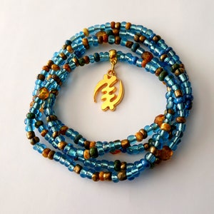 Adinkra symbol African Waist Beads with Gold /'Sankofa/' Charm unique gift weight loss tracker blue green and gold under 20 stretch