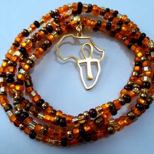 Warm Colored Waist Beads with Brass Africa and Ankh Charm, stretch, weight loss tracker, african waist beads, waist chain, belly beads