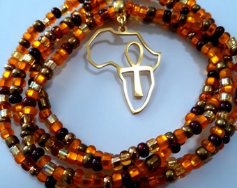 Warm Colored Waist Beads with Brass Africa and Ankh Charm, stretch, weight loss tracker, african waist beads, waist chain, belly beads