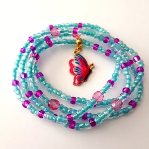 Magenta and Baby Blue Waist Beads with Butterfly Charm, stretch, weight loss tracker, waist chains, belly beads, belly chains, body chains