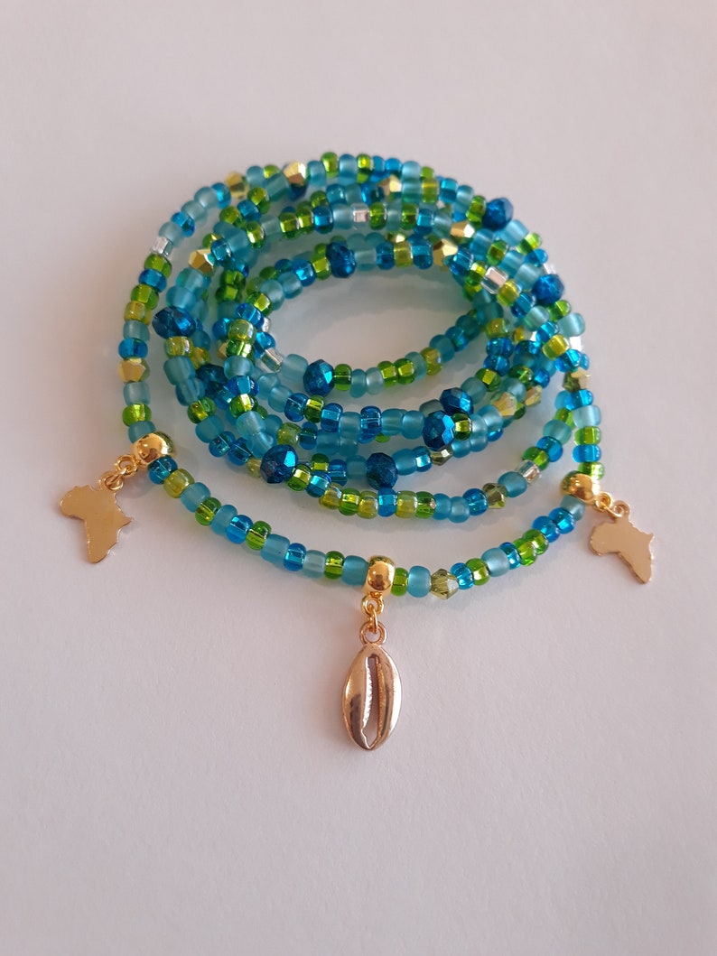 under 20 Blue and Green Waist Beads with Gold /'Africa and Cowrie Shell/' Charms unique weight loss tracker belly beads African stretch